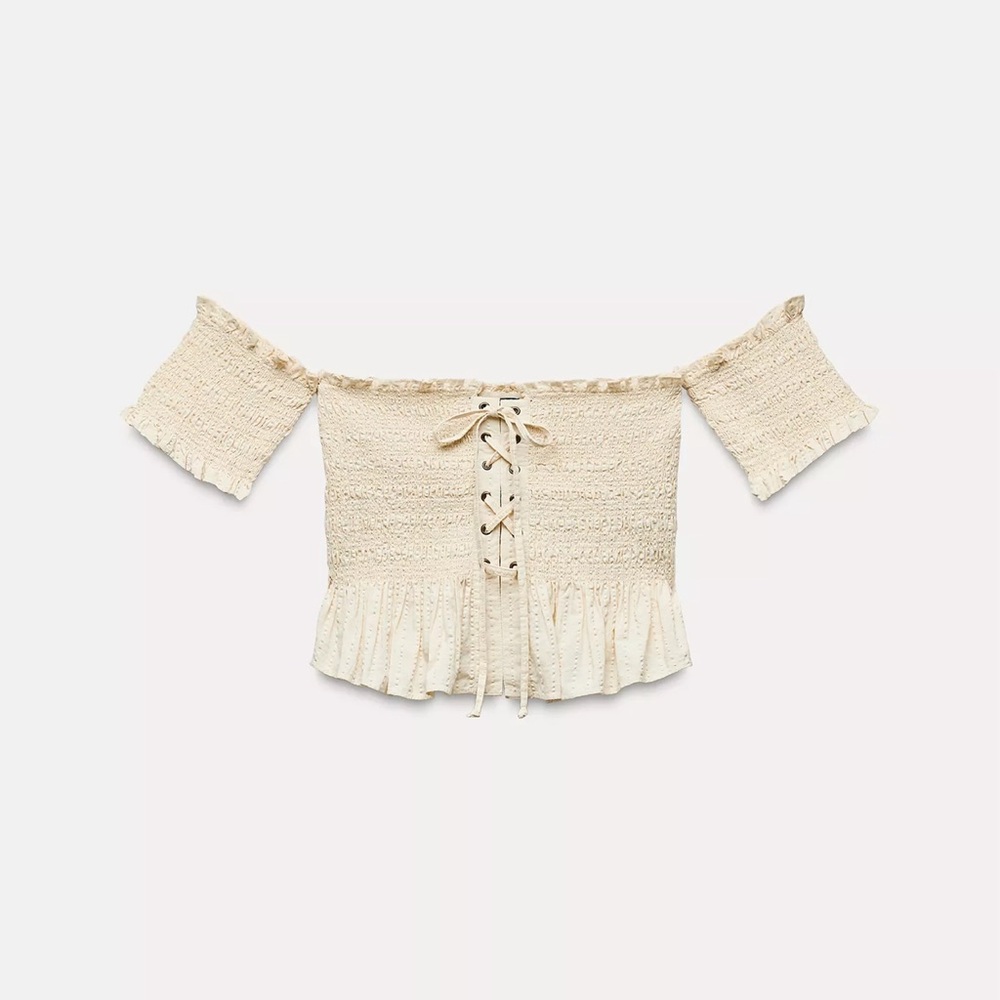 Zara Cream Smocked Blouse with Ruffled Tie Front